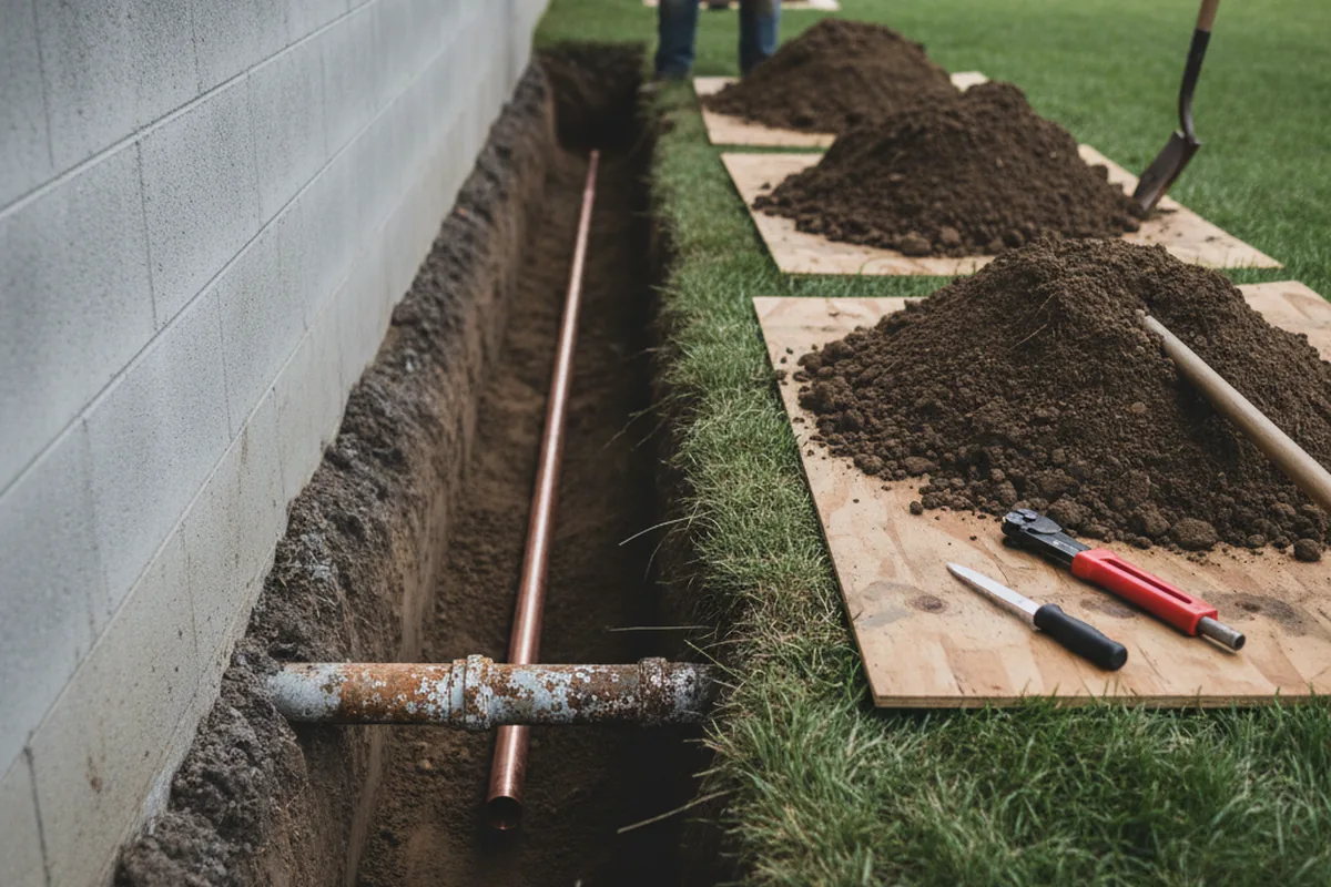 Excavated water line trench during Sewer Line Repair in Post